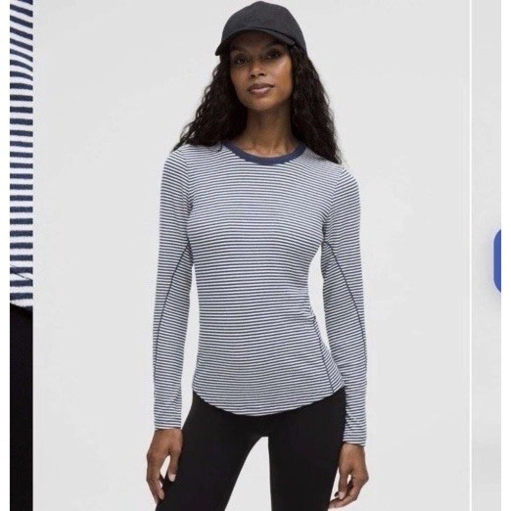 🍋NWT Lululemon Hold Tight Long Sleeve Shirt Womens Stripe White  Blue W3IDZS 16